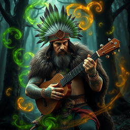 A Mexican Viking warlock bard with intricate tattoos, wearing a feathered headdress and a fur-lined cloak, passionately playing a jouhikko