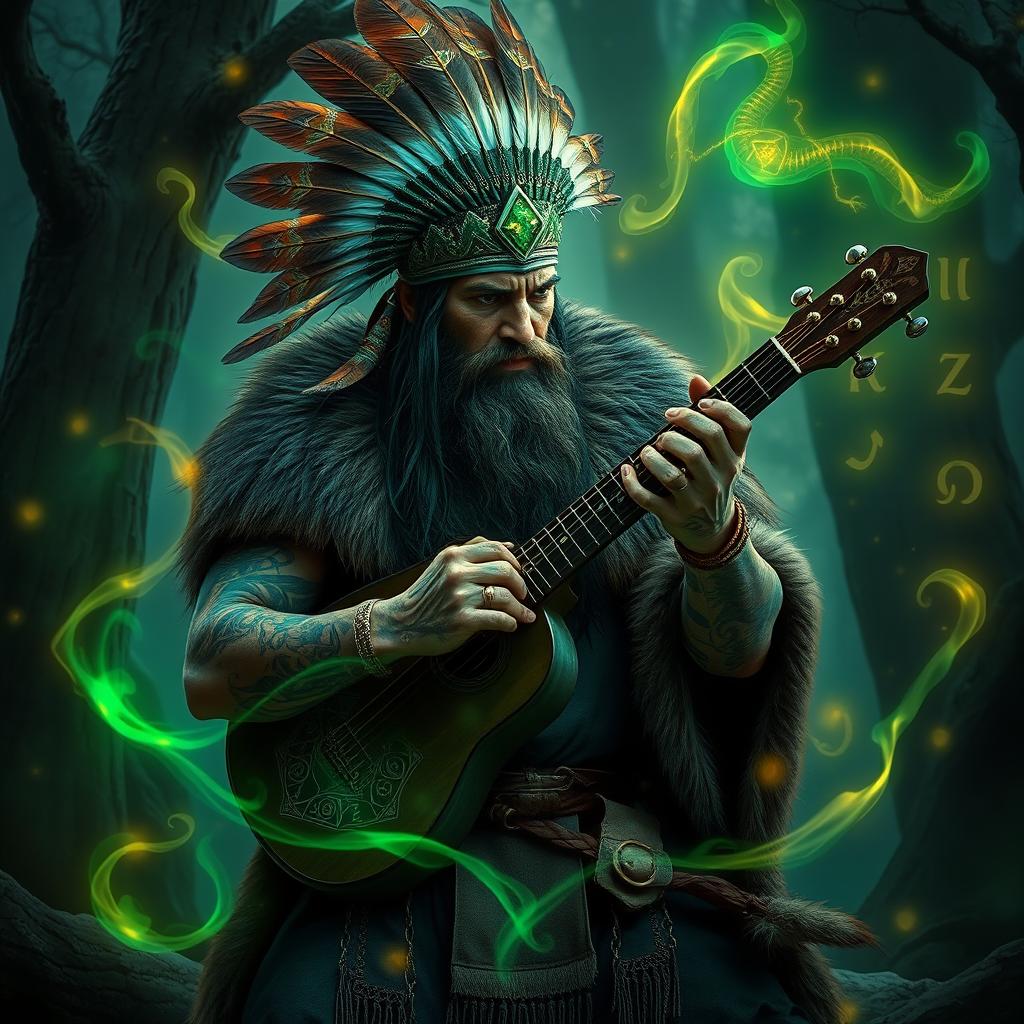 A Mexican Viking warlock bard with intricate tattoos, wearing a feathered headdress and a fur-lined cloak, passionately playing a jouhikko