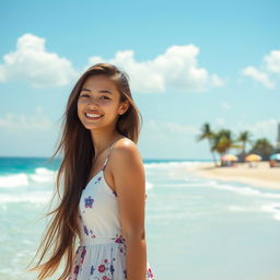 A young woman with long flowing brown hair, wearing a stylish summer dress, standing on a sunlit beach