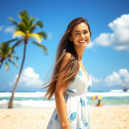 A young woman with long flowing brown hair, wearing a stylish summer dress, standing on a sunlit beach