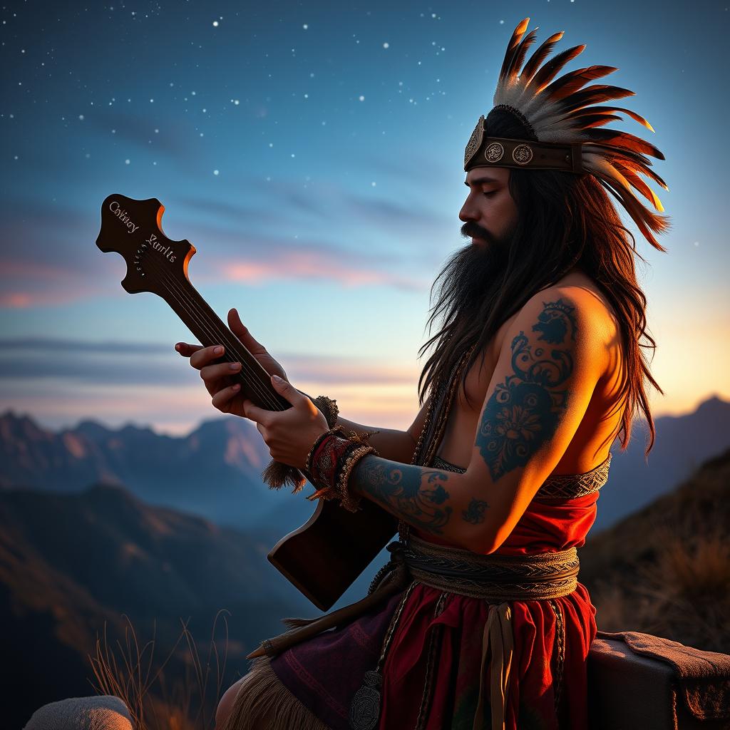 A captivating scene depicting a Mexican Viking warlock bard expertly playing a jouhikko, invoking Odin with every note