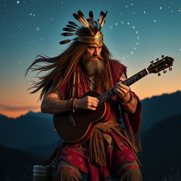 A captivating scene depicting a Mexican Viking warlock bard expertly playing a jouhikko, invoking Odin with every note