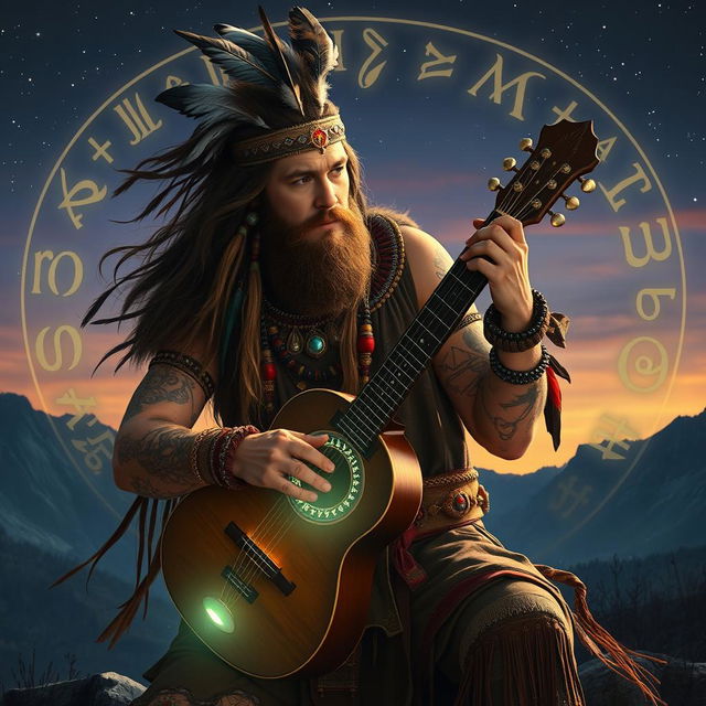 A captivating scene depicting a Mexican Viking warlock bard expertly playing a jouhikko, invoking Odin with every note