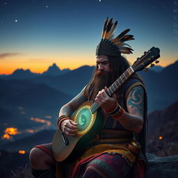 A captivating scene depicting a Mexican Viking warlock bard expertly playing a jouhikko, invoking Odin with every note