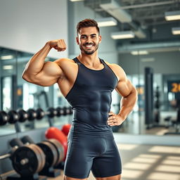 A muscular man confidently posing in a bright, spacious gym setting