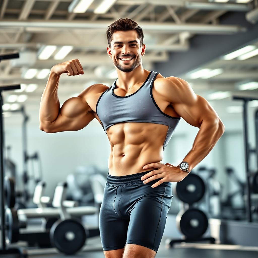 A muscular man confidently posing in a bright, spacious gym setting