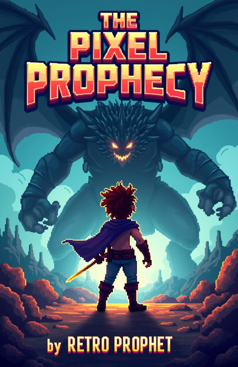 A dynamic book cover design for 'The Pixel Prophecy' by Retro Prophet