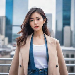 Anime-style image of an incredibly beautiful Asian woman, resonating with the charm of an Instagram model. She's in stylish attire, minus the jacket, striking an engaging pose against an alluring, modern cityscape.