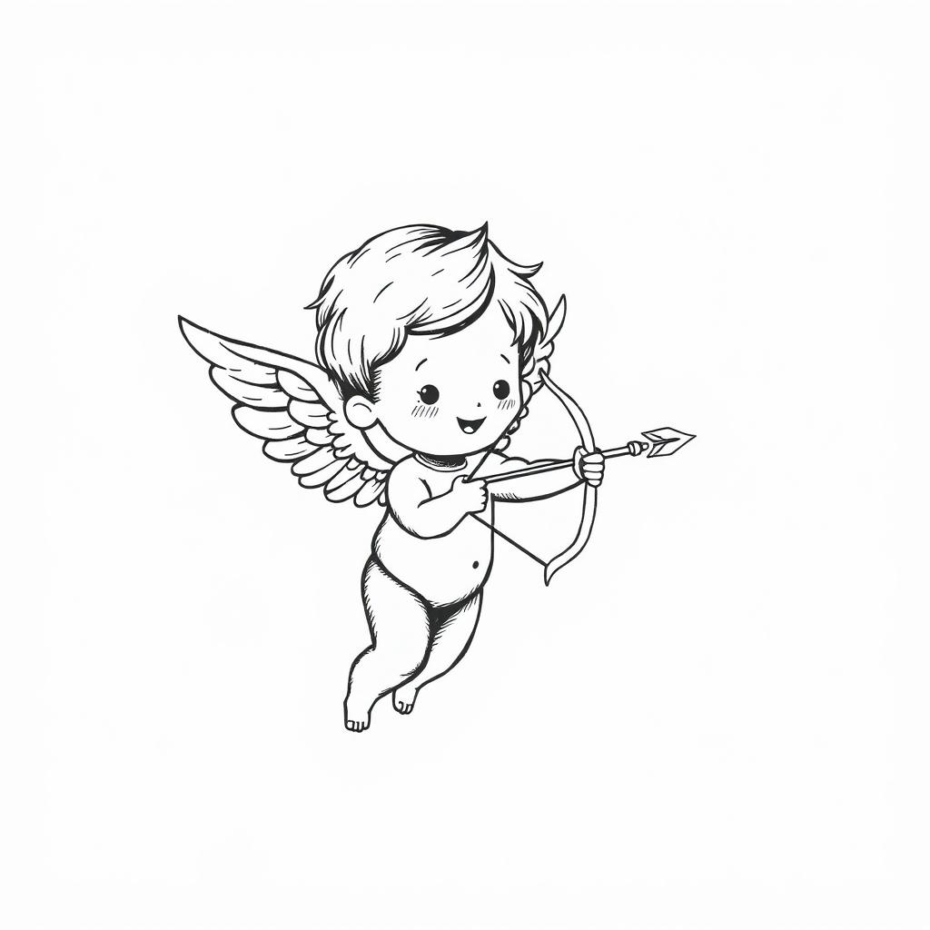 A hand-drawn black and white illustration of a cute cupid