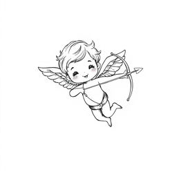 A hand-drawn black and white illustration of a cute cupid