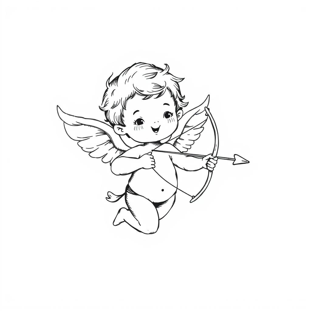 A hand-drawn black and white illustration of a cute cupid