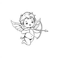 A hand-drawn black and white illustration of a cute cupid