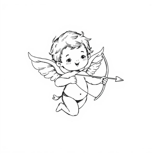 A hand-drawn black and white illustration of a cute cupid