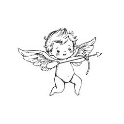 A hand-drawn black and white illustration of a cute cupid