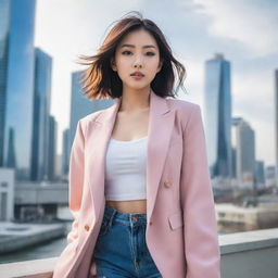 Anime-style image of an incredibly beautiful Asian woman, resonating with the charm of an Instagram model. She's in stylish attire, minus the jacket, striking an engaging pose against an alluring, modern cityscape.