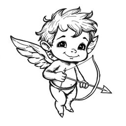 A hand-drawn black and white illustration of a mischievous cupid