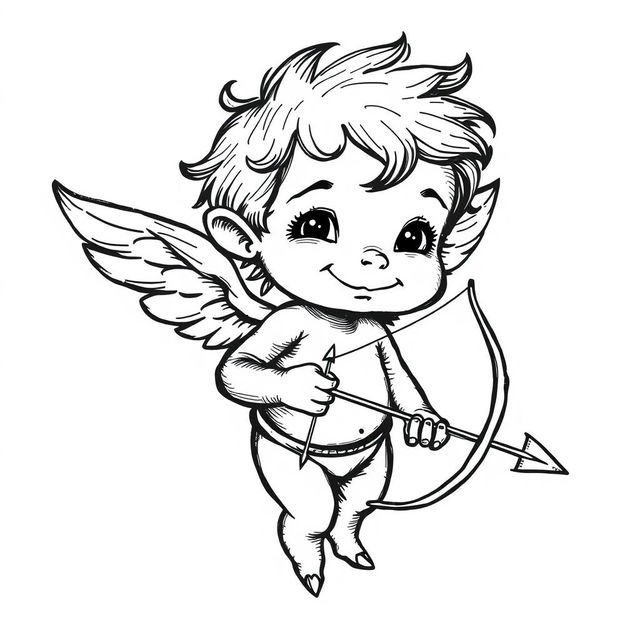 A hand-drawn black and white illustration of a mischievous cupid