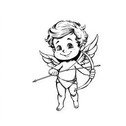 A hand-drawn black and white illustration of a mischievous cupid