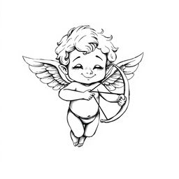 A hand-drawn black and white illustration of a mischievous cupid