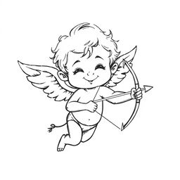 A hand-drawn black and white illustration of a mischievous cupid