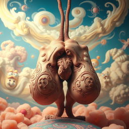 A surreal and exaggerated artistic representation of male genitalia, portraying them as large and elongated, with intricate details that suggest a fantastical and dreamlike quality