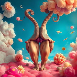 A surreal and exaggerated artistic representation of male genitalia, portraying them as large and elongated, with intricate details that suggest a fantastical and dreamlike quality