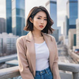 Anime-style image of an incredibly beautiful Asian woman, resonating with the charm of an Instagram model. She's in stylish attire, minus the jacket, striking an engaging pose against an alluring, modern cityscape.