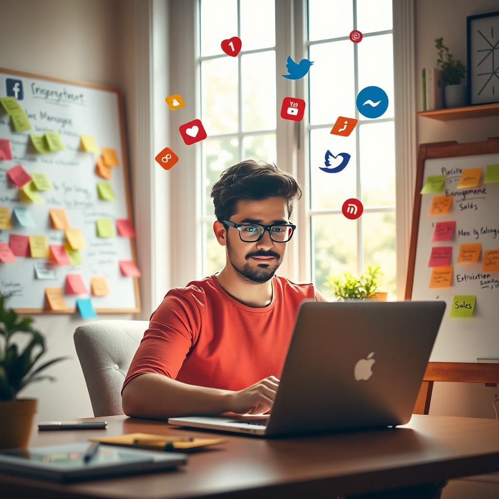 A person using a laptop in a cozy home office, strategically positioning themselves to engage with social media platforms