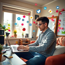 A person using a laptop in a cozy home office, strategically positioning themselves to engage with social media platforms