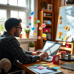 A person using a laptop in a cozy home office, strategically positioning themselves to engage with social media platforms