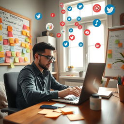 A person using a laptop in a cozy home office, strategically positioning themselves to engage with social media platforms