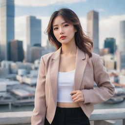 Anime-style image of an incredibly beautiful Asian woman, resonating with the charm of an Instagram model. She's in stylish attire, minus the jacket, striking an engaging pose against an alluring, modern cityscape.