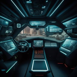 The driver's cabin interior of a futuristic commando's van, featuring a high-tech dashboard with advanced navigation and surveillance systems, a reinforced driver's seat, and interactive feedback screens.