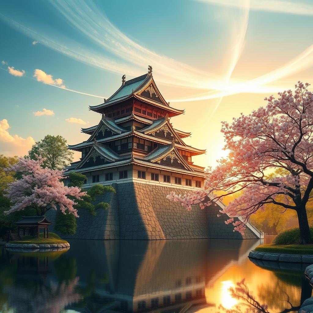 A stunning depiction of an ancient Japanese castle, showcasing its traditional architecture and serene surroundings