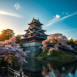 A stunning depiction of an ancient Japanese castle, showcasing its traditional architecture and serene surroundings