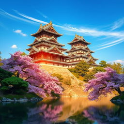 A stunning depiction of an ancient Japanese castle, showcasing its traditional architecture and serene surroundings