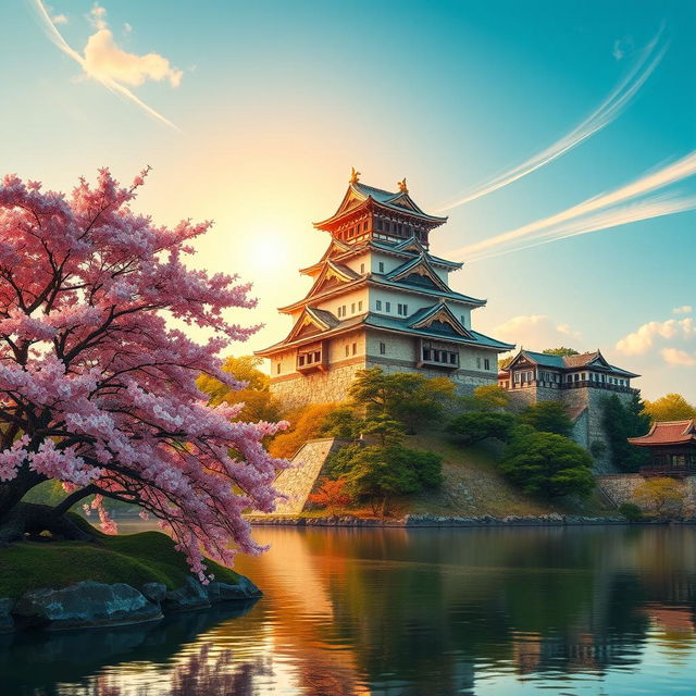 A stunning depiction of an ancient Japanese castle, showcasing its traditional architecture and serene surroundings