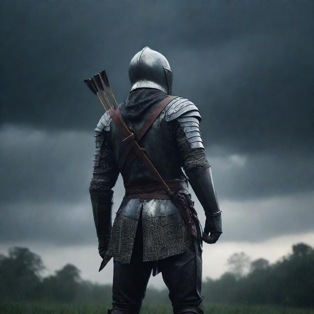 A valiant knight, standing in torrential rain, with an arrow pierced in his back. He gazes up at the ominously dark sky.