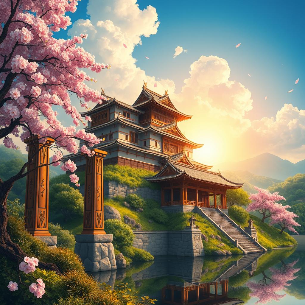 A detailed illustration of an ancient Japanese castle featuring prominent pillars that support its structure