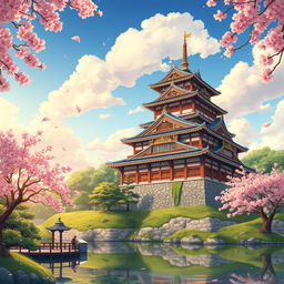 A detailed illustration of an ancient Japanese castle featuring prominent pillars that support its structure