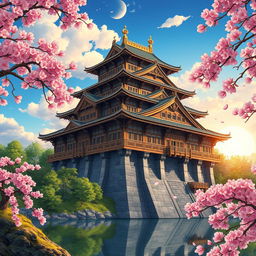 A detailed illustration of an ancient Japanese castle featuring prominent pillars that support its structure