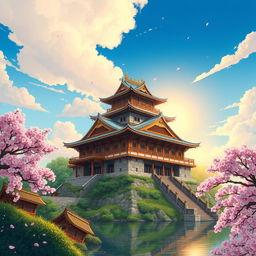 A detailed illustration of an ancient Japanese castle featuring prominent pillars that support its structure