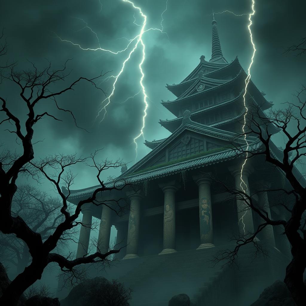 A hyper-realistic depiction of a dark and eerie ancient Japanese castle, featuring towering pillars that loom ominously over the scene