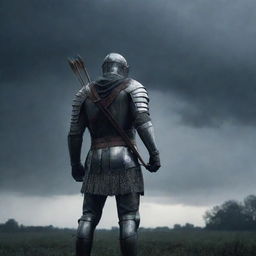 A valiant knight, standing in torrential rain, with an arrow pierced in his back. He gazes up at the ominously dark sky.