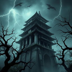 A hyper-realistic depiction of a dark and eerie ancient Japanese castle, featuring towering pillars that loom ominously over the scene