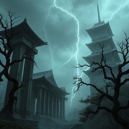 A hyper-realistic depiction of a dark and eerie ancient Japanese castle, featuring towering pillars that loom ominously over the scene