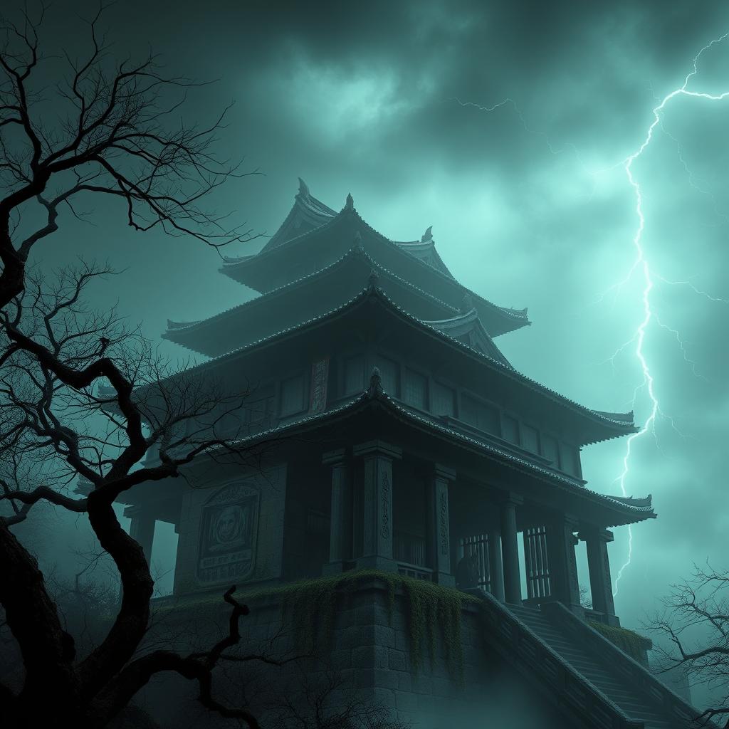 A hyper-realistic depiction of a dark and eerie ancient Japanese castle, featuring towering pillars that loom ominously over the scene