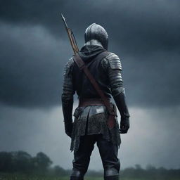 A valiant knight, standing in torrential rain, with an arrow pierced in his back. He gazes up at the ominously dark sky.