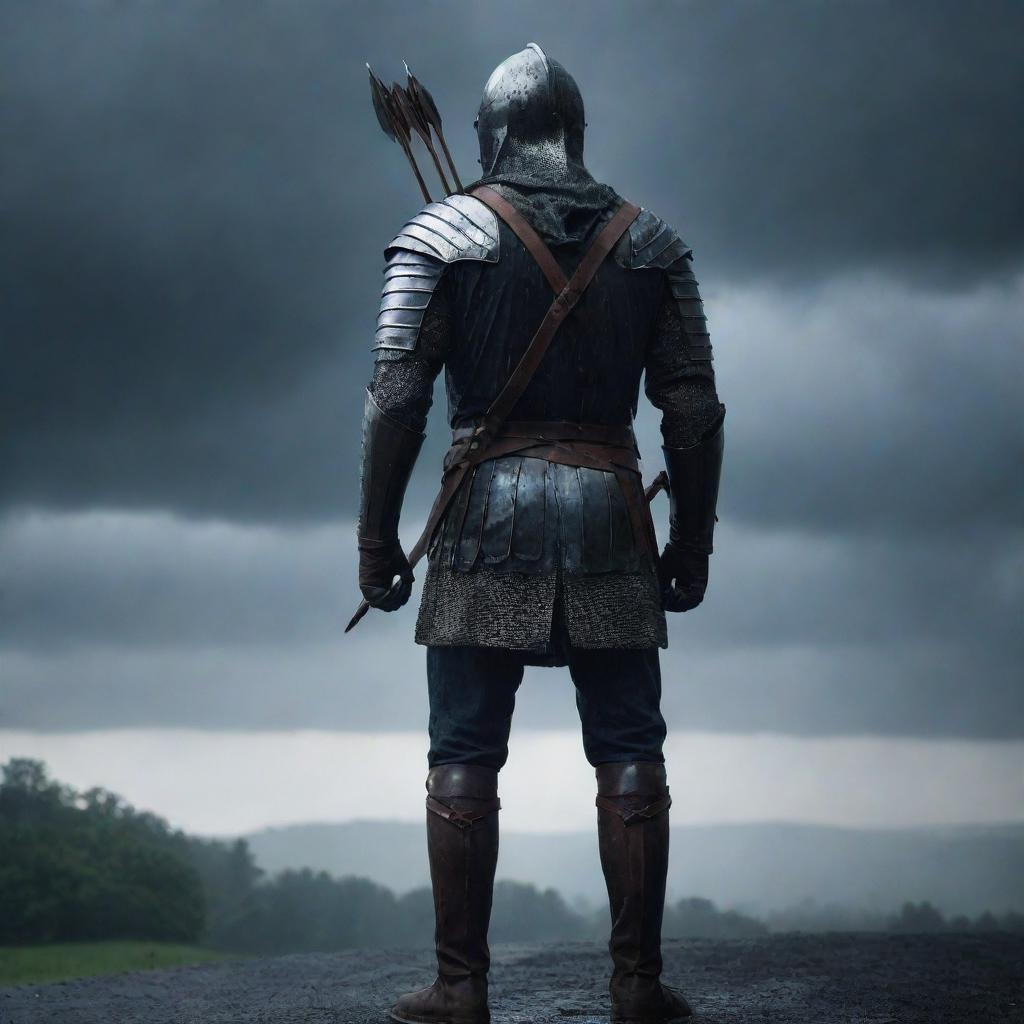 A valiant knight, standing in torrential rain, with an arrow pierced in his back. He gazes up at the ominously dark sky.