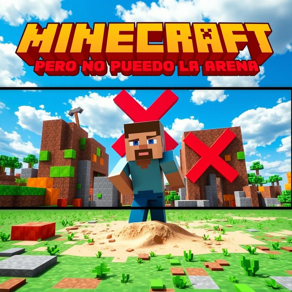 A vibrant and eye-catching YouTube thumbnail for a video titled 'Minecraft Pero No Puedo Tocar la Arena'